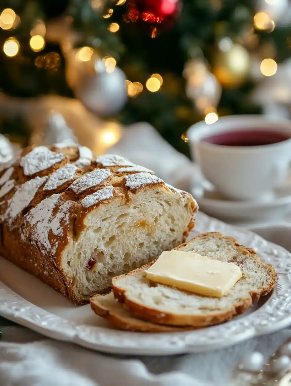 Sliced Christmas bread with tea and jam
