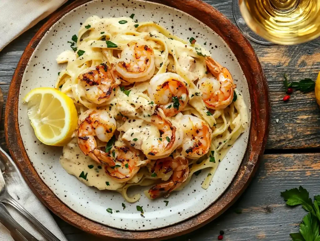 shrimp and chicken served over creamy linguine pasta
