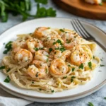recipe card with shrimp and chicken pasta in background