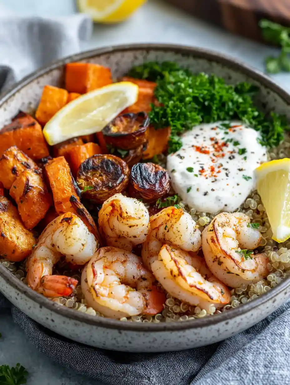 shrimp and chicken bowl with quinoa and vegetables