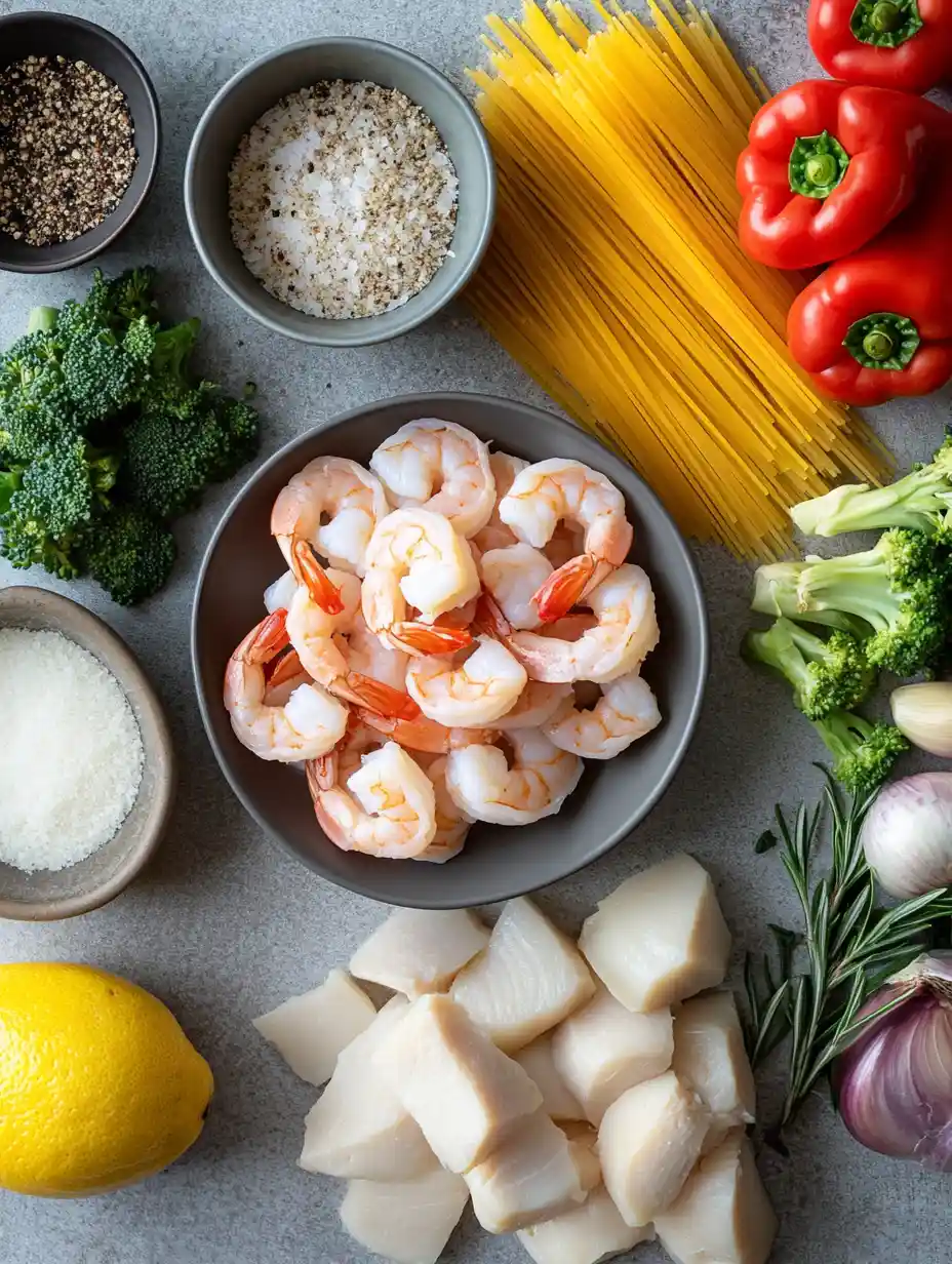 flat lay of shrimp and chicken recipe ingredients
