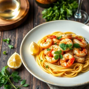 Shrimp and chicken scampi over linguine, garnished with parsley and lemon, on a rustic table with herbs and wine.