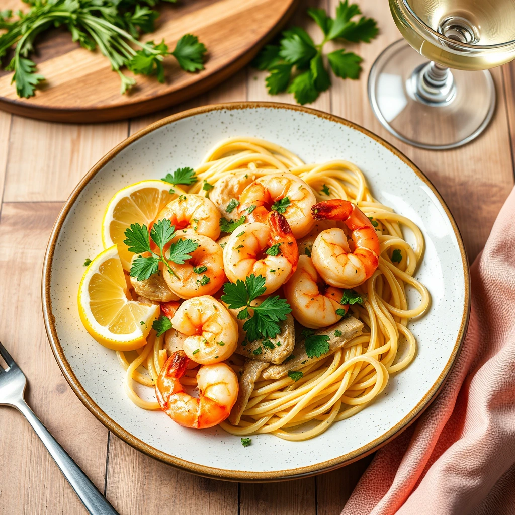 Shrimp and chicken scampi over linguine, garnished with parsley and lemon, on a rustic table with herbs and wine.