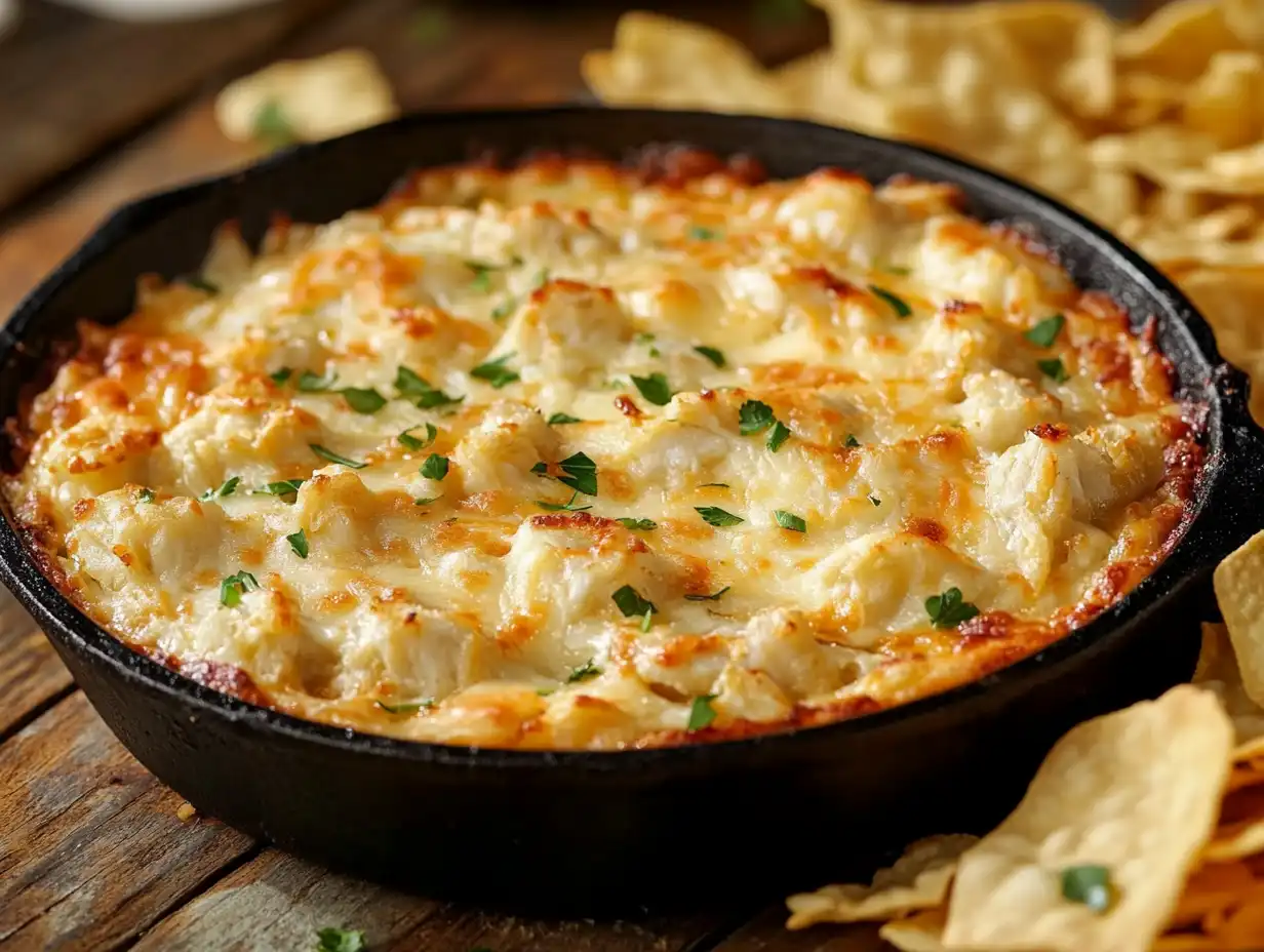 crab rangoon dip baked in skillet with chips