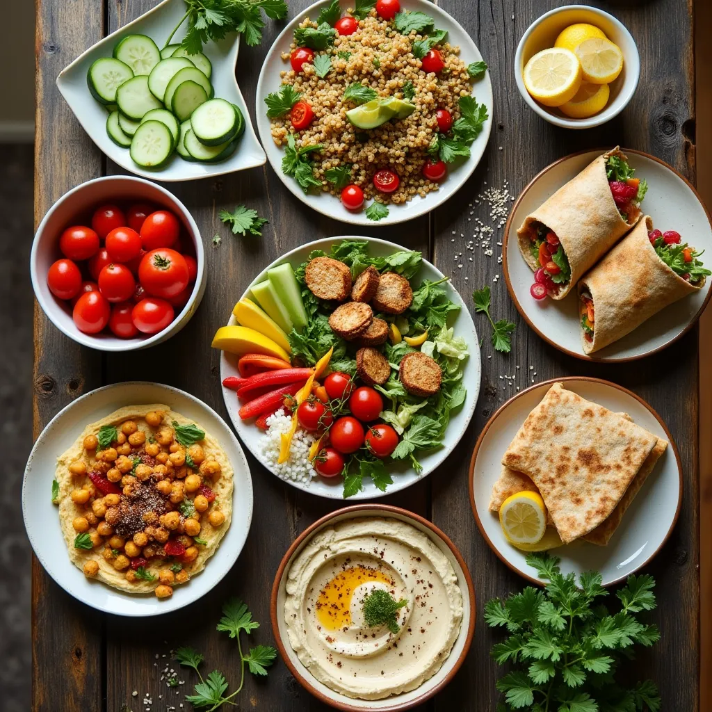 A variety of 15-minute healthy lunch ideas including salads, wraps, grain bowls, and protein-packed meals, arranged on a wooden table.