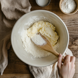 Sifting flour and salt into Snowball Cookie dough.
