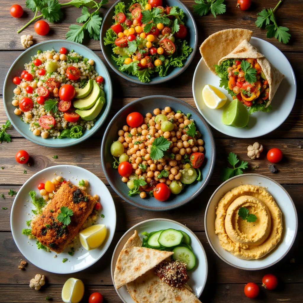 A colorful, well-balanced healthy lunch plate featuring a fresh salad, whole-grain wrap, and a side of fruit, ready to enjoy.