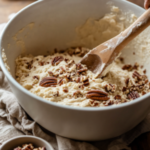 Folding chopped pecans into Snowball Cookie dough.