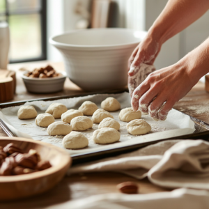 Rolling Snowball Cookie dough into balls and arranging them on a baking tray.