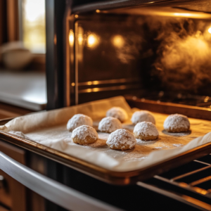 Snowball Cookies baking in the oven until set.