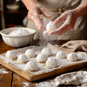 Rolling warm Snowball Cookies in powdered sugar for the first coat. 