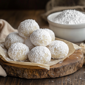Coating Snowball Cookies in powdered sugar for the second time.