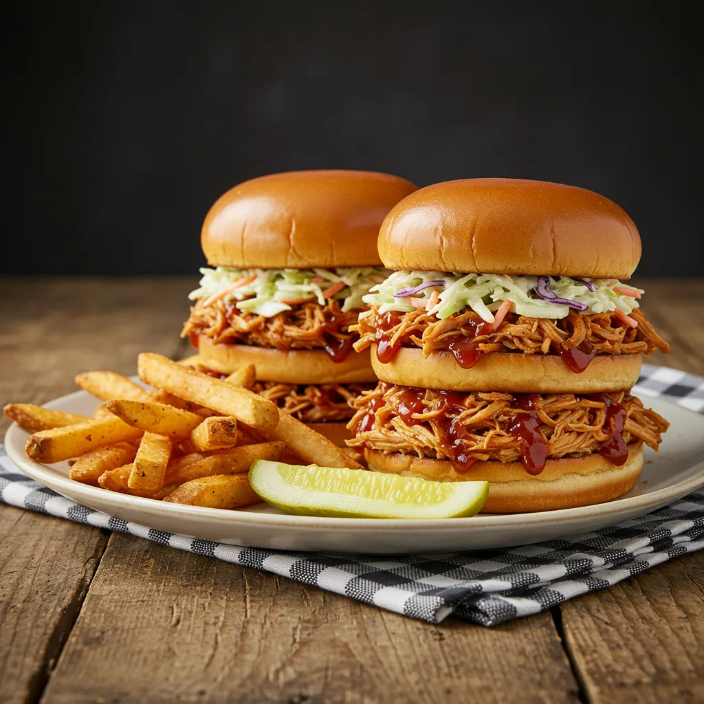 BBQ chicken sandwiches on toasted buns with coleslaw on the side.