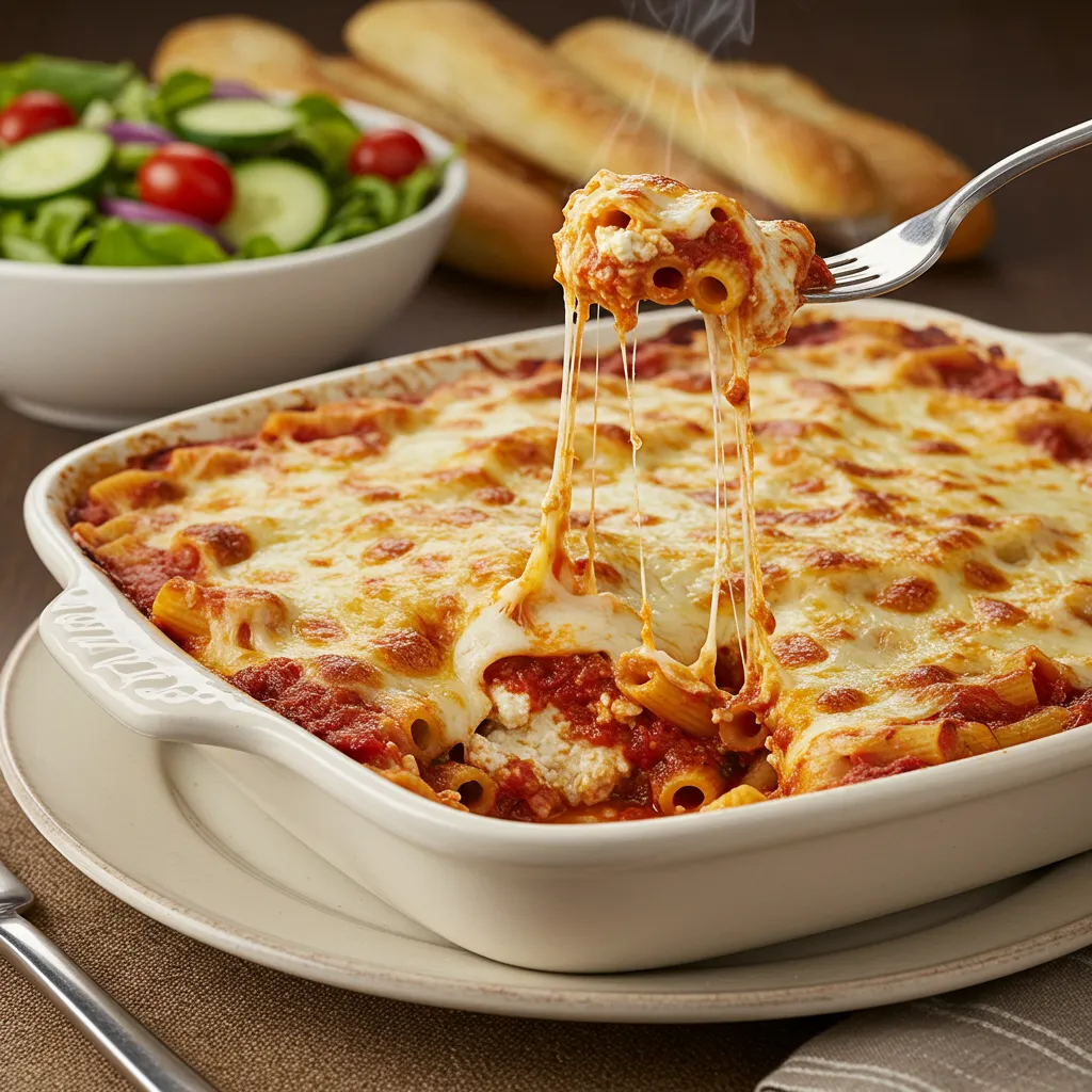 A casserole dish of baked ziti with melted cheese and marinara sauce