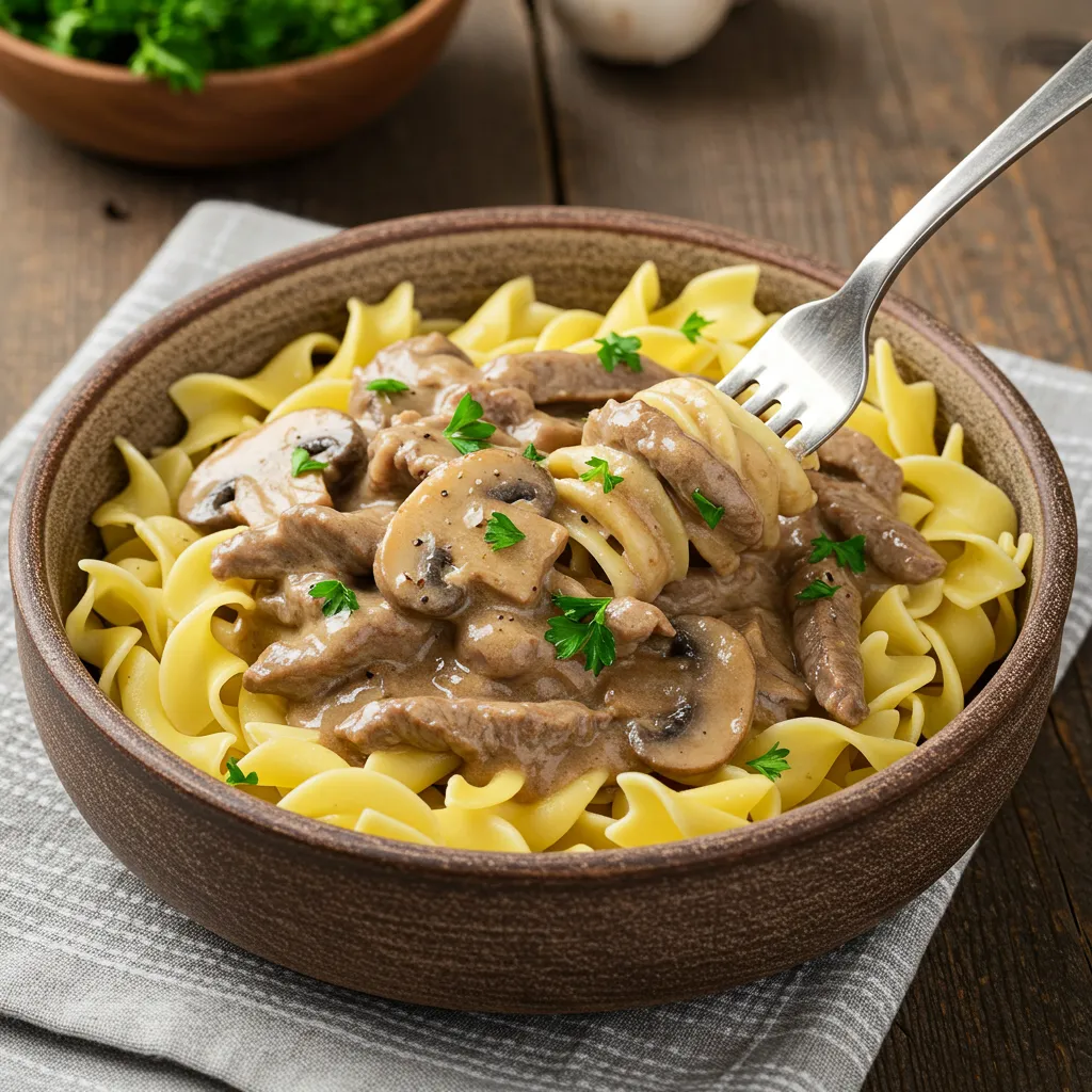 Creamy beef stroganoff with mushrooms over egg noodles.