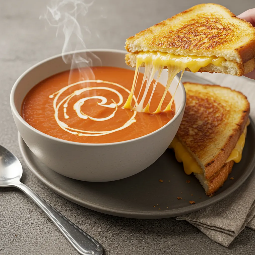 A bowl of homemade tomato soup garnished with fresh basil leaves, placed on a rustic wooden table with a spoon on the side.