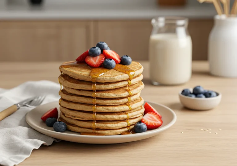 Stack of fluffy pancakes topped with berries and maple syrup, made without eggs or dairy, served on a ceramic plate in a bright natural kitchen setting.
