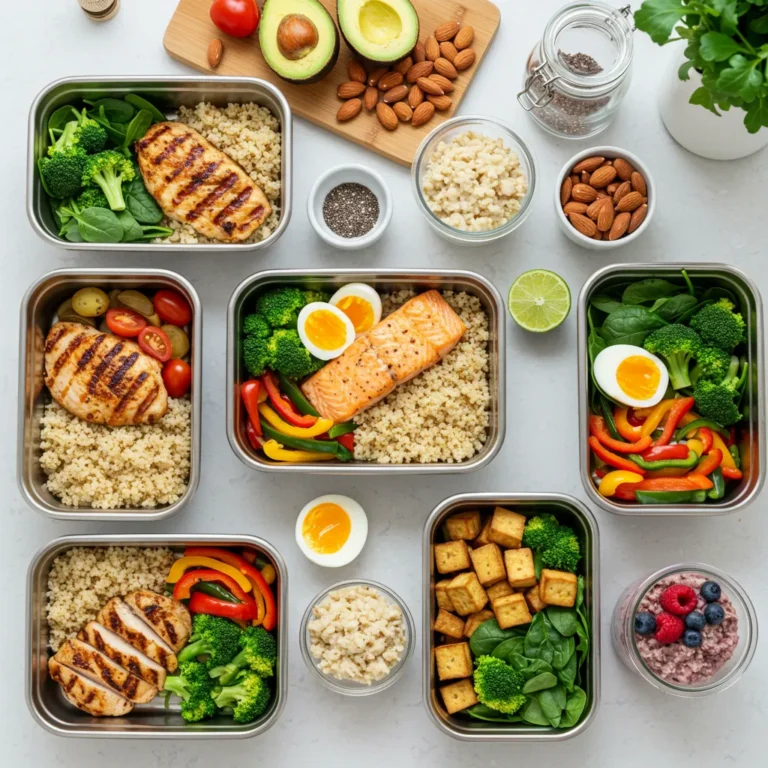 High-protein meal prep containers filled with nutritious meals, including lean meats, quinoa, vegetables, and healthy snacks, neatly arranged on a countertop.