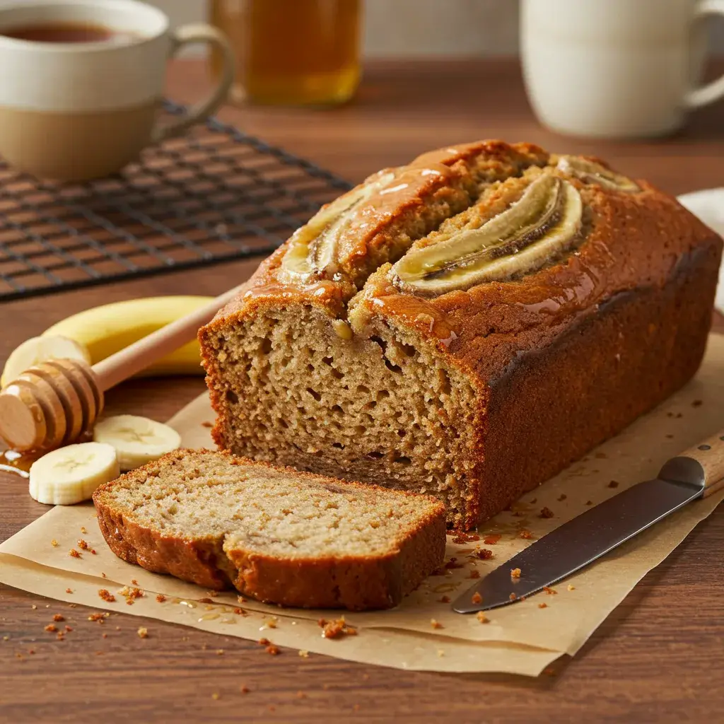Freshly baked honey banana bread with a golden crust, sliced to reveal its moist texture, drizzled with honey.