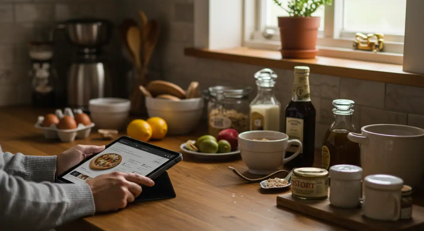 beginner reading recipe in home kitchen
