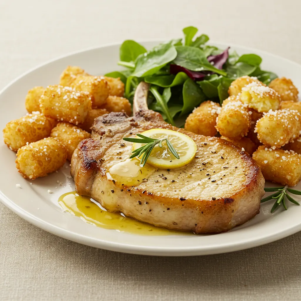 Seared pork chops drizzled with lemon-garlic sauce, served with crispy Parmesan tater tots.