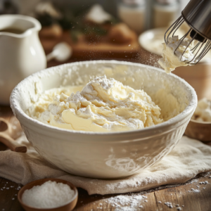 Mixing butter and powdered sugar for Snowball Cookie dough