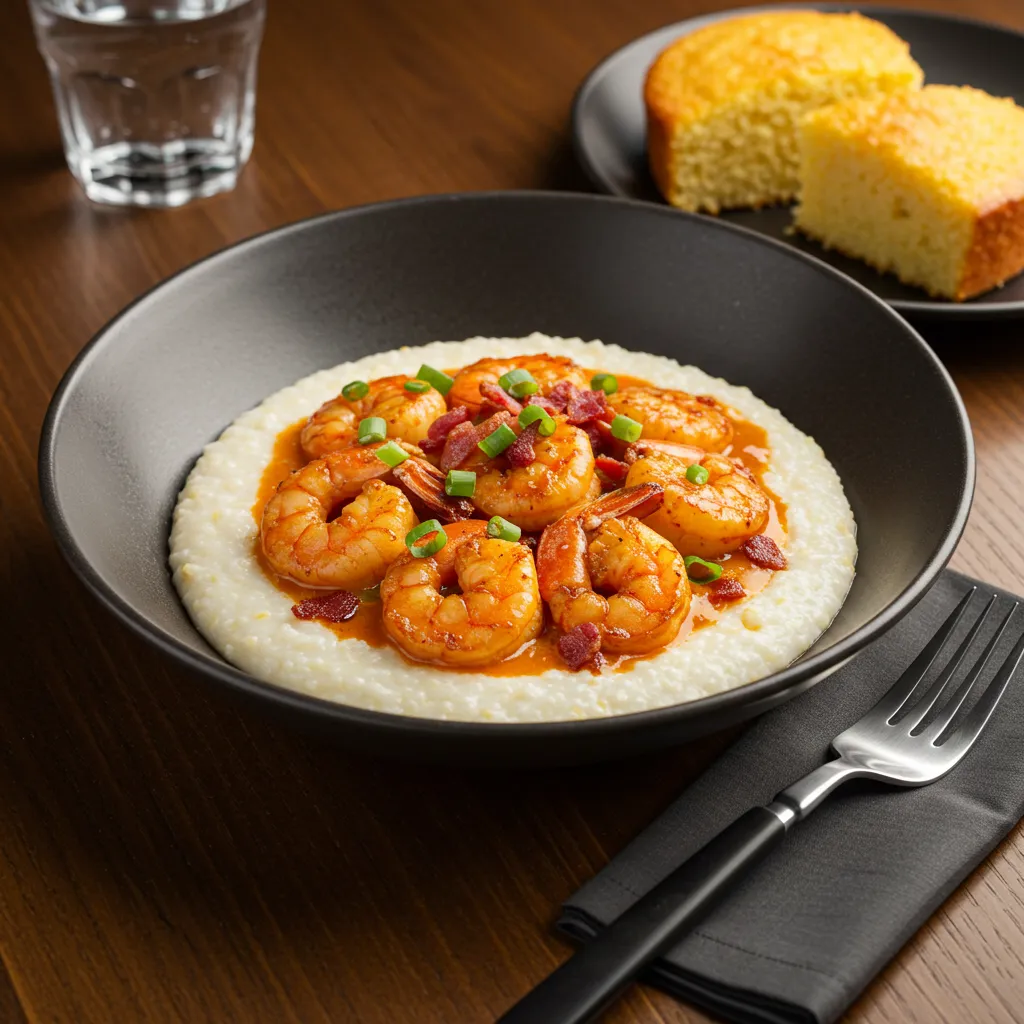 A bowl of creamy grits topped with Cajun-seasoned shrimp and crispy bacon.