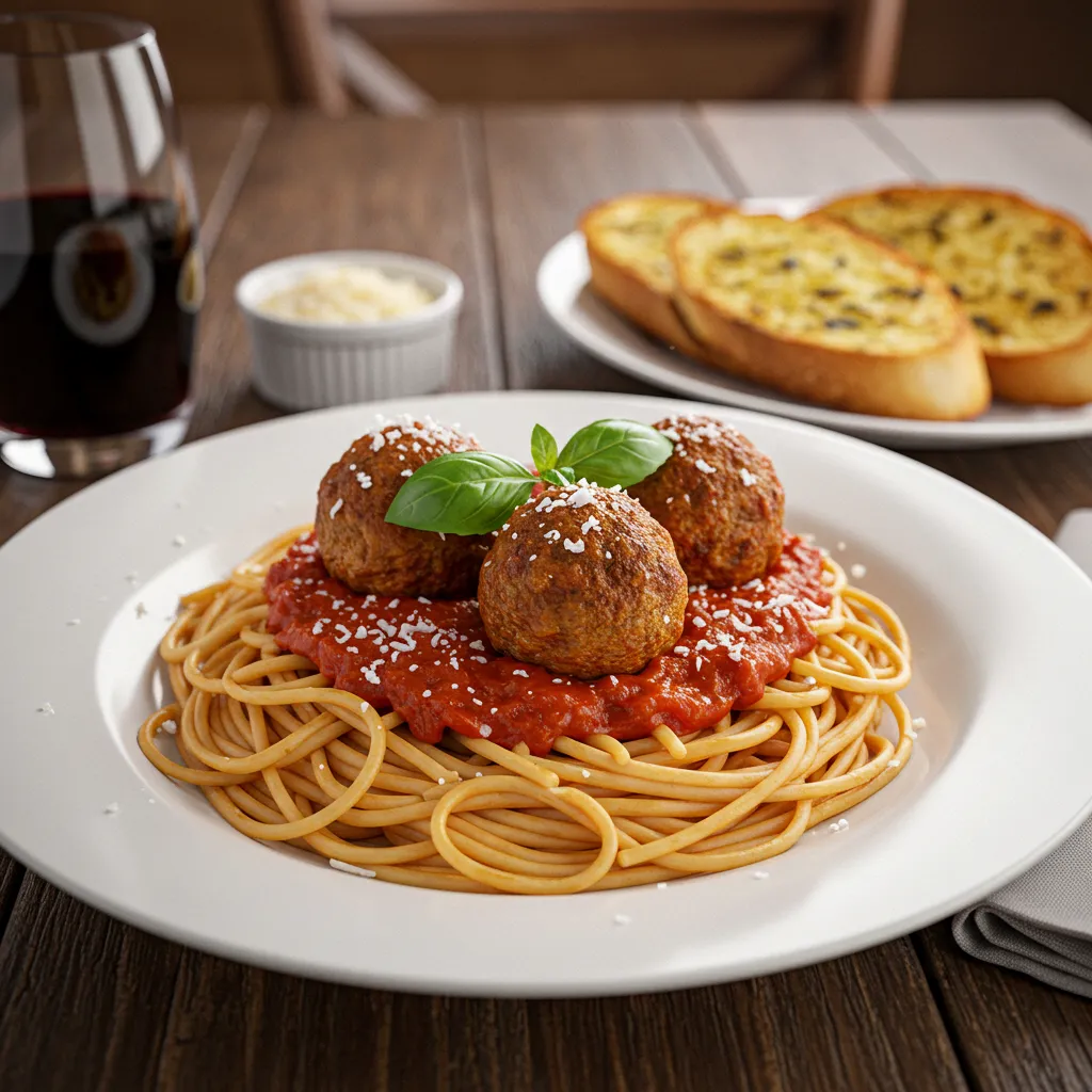 A plate of spaghetti with meatballs covered in marinara sauce, topped with Parmesan and basil.