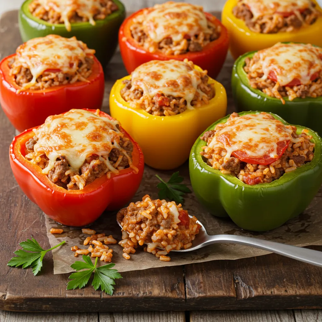 Colorful bell peppers stuffed with rice, ground beef, and cheese.