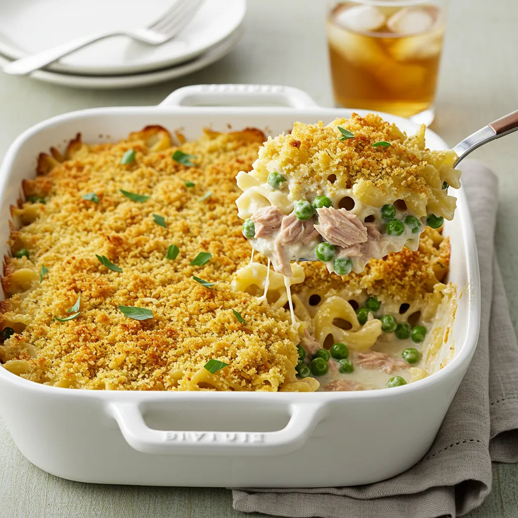 A baked tuna noodle casserole with a golden breadcrumb topping.
