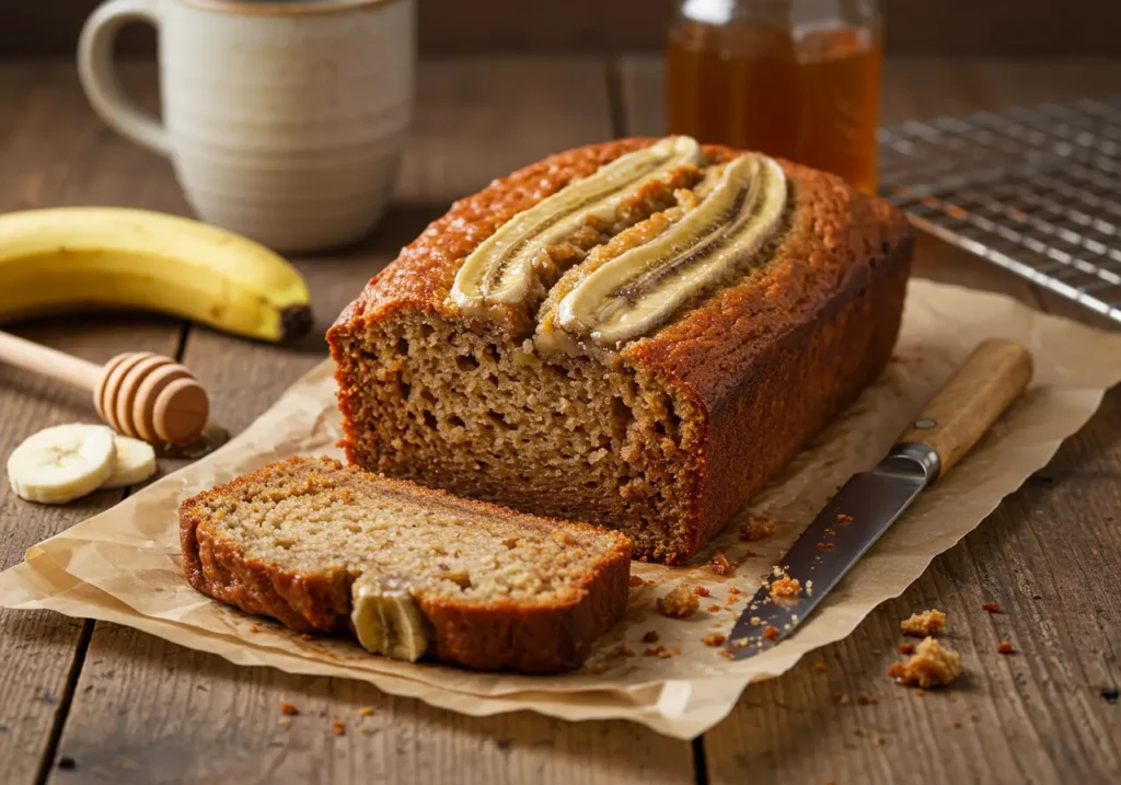 Freshly baked honey banana bread sliced on parchment paper with banana and honey beside it.