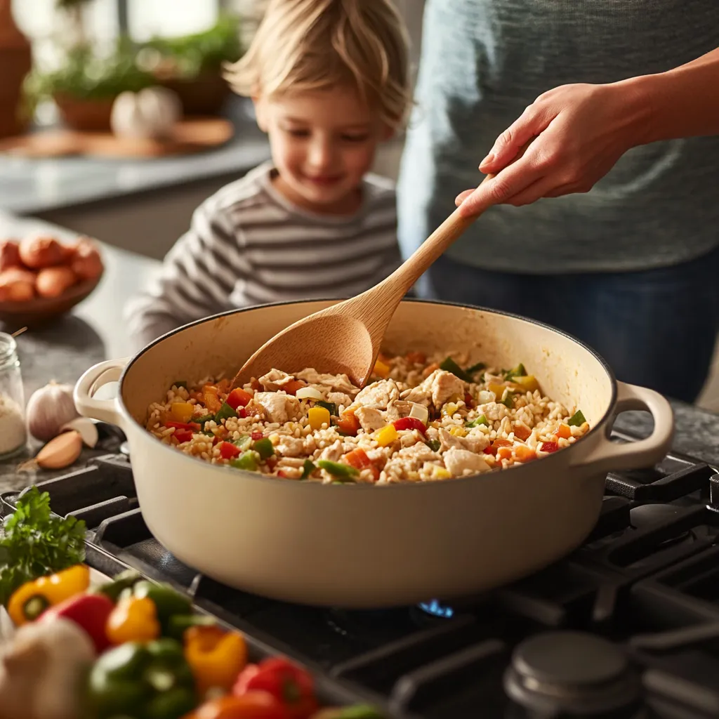 A steaming one-pot meal on the stove, with a parent stirring and a child watching in a cozy kitchen.