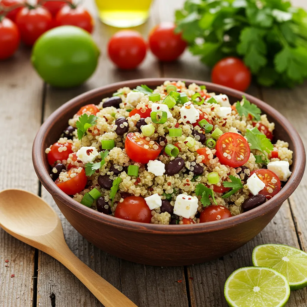 A fresh and colorful quinoa salad bowl with cherry tomatoes, black beans, and feta cheese, served in a rustic dish with a light lime dressing.