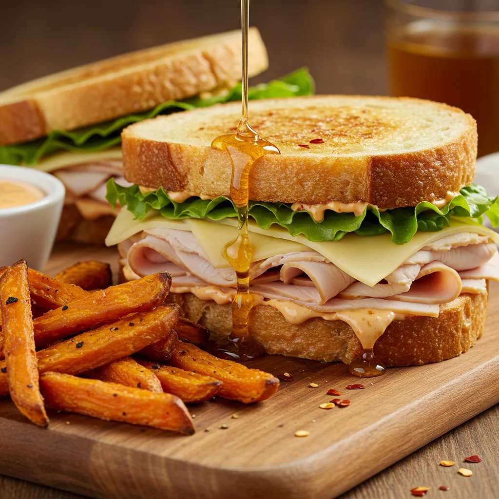Sweet and spicy turkey sandwich with melted cheese, fresh lettuce, and a drizzle of spicy sauce on toasted artisan bread.