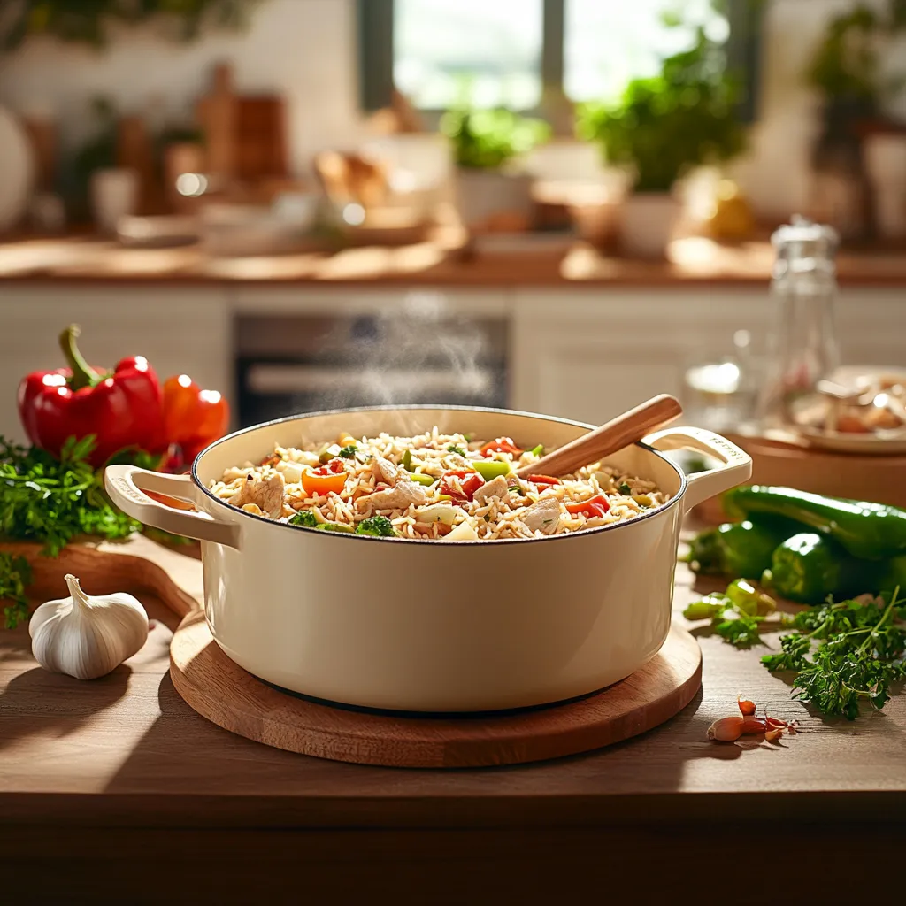 A steaming one-pot meal with fresh ingredients on a rustic countertop, perfect for busy families.