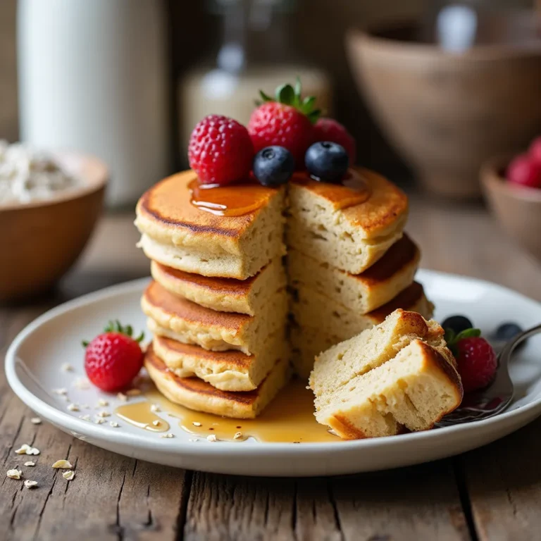 A stack of fluffy pancakes without eggs or dairy, topped with fresh berries and maple syrup on a rustic breakfast table.