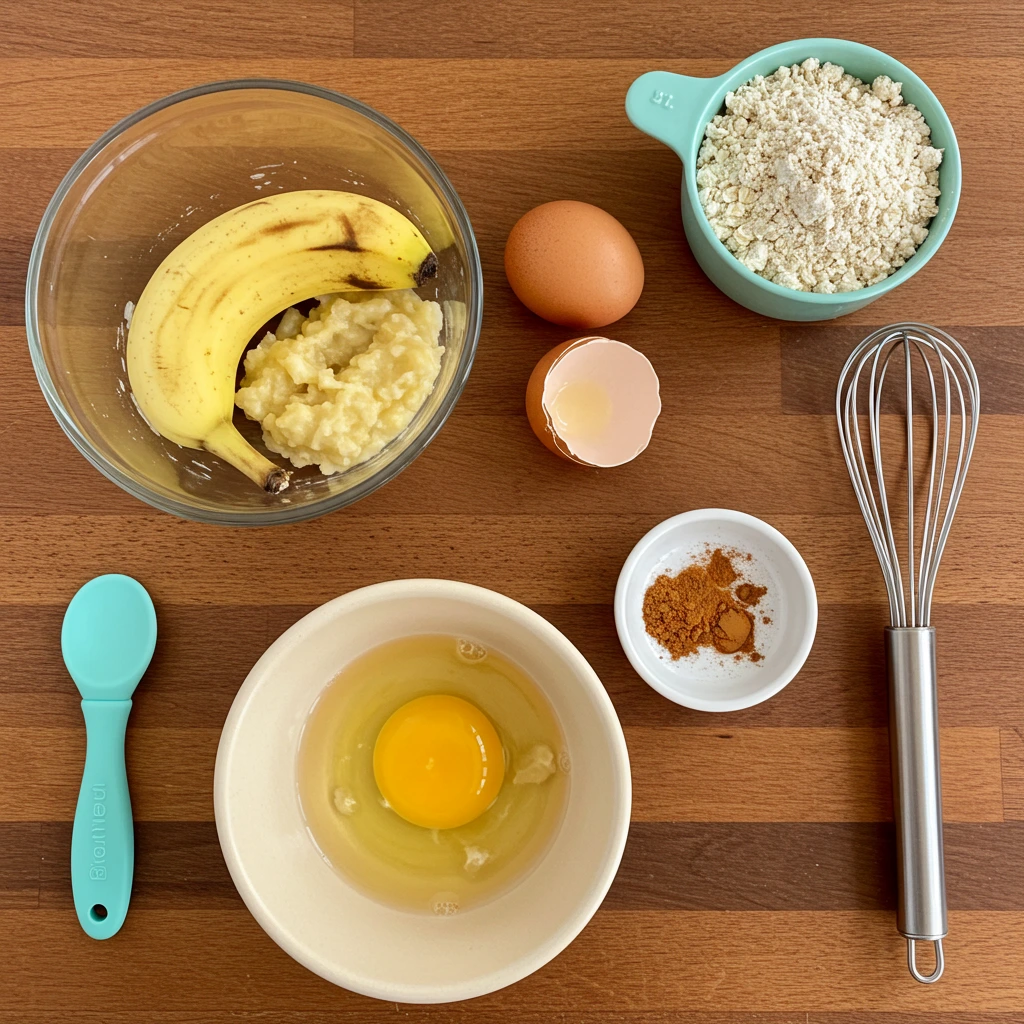 A flat lay of ingredients for Healthy Banana Pancakes for Babies, including a ripe banana, oat flour, egg, milk, and cinnamon, neatly arranged on a kitchen counter.