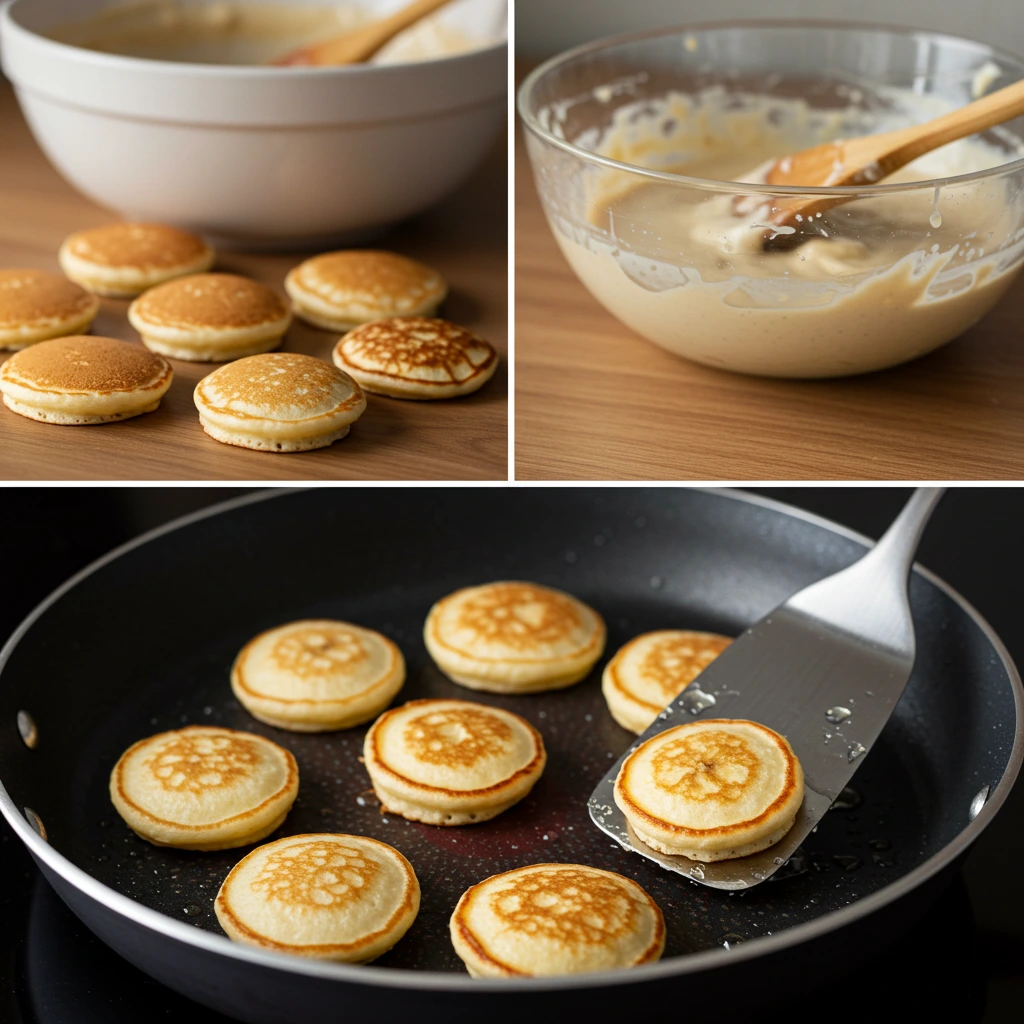 Mini banana pancakes cooking on a non-stick skillet over low heat, showing golden edges and soft texture, ready for baby-led weaning.