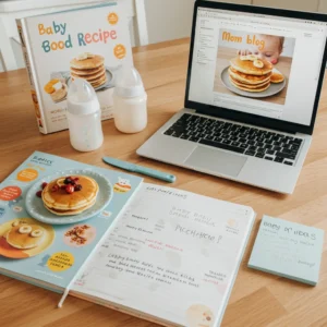 A baby’s tiny hand reaching for a soft, fluffy banana pancake on a baby-friendly plate, showing excitement for their first solid food experience