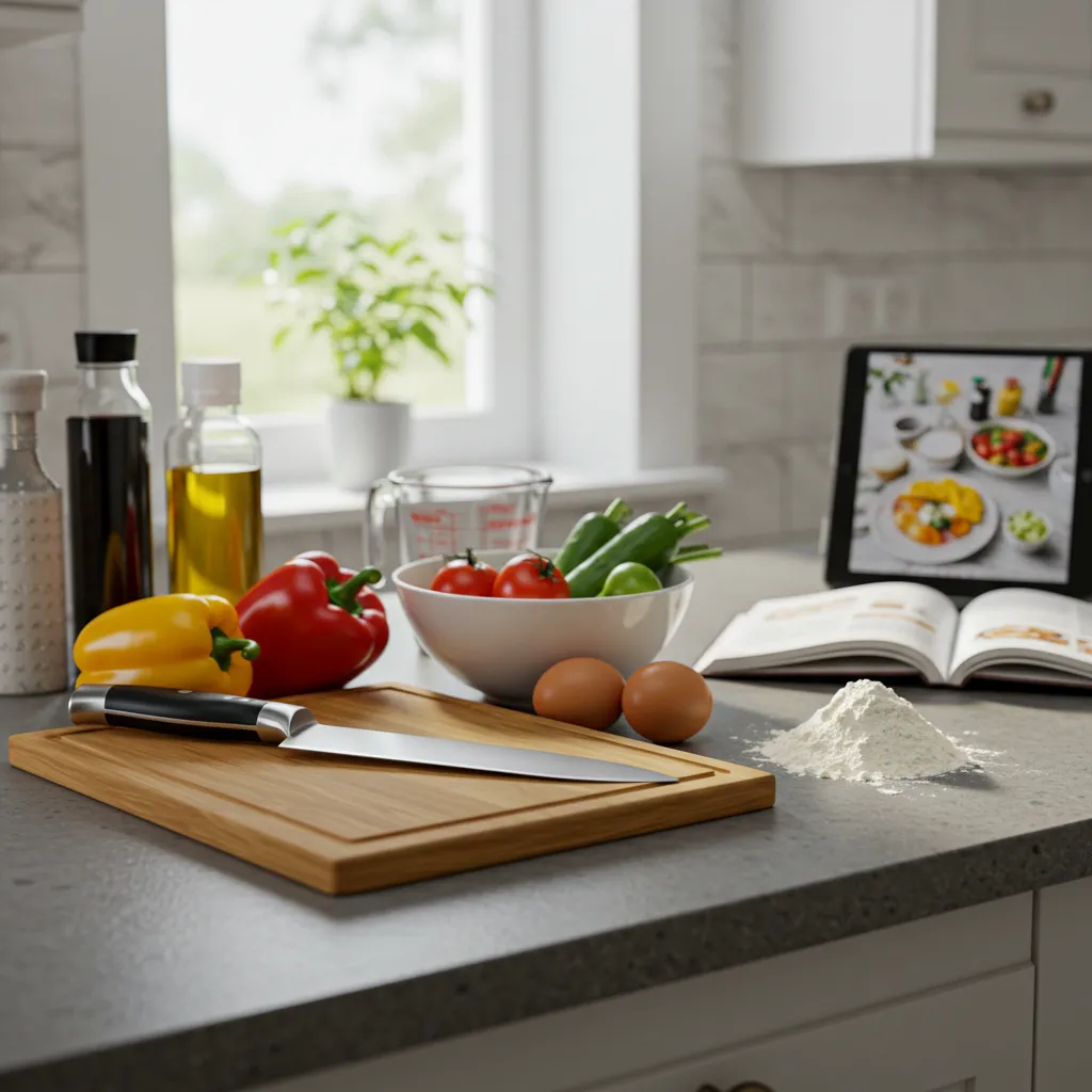 A kitchen countertop with fresh ingredients, a cutting board, and a tablet displaying a recipe, set up for beginner cooking.