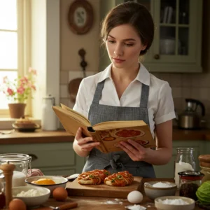 A home cook reading a digital recipe, preparing for cooking.