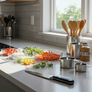 A kitchen countertop with fresh ingredients, a cutting board, and a tablet displaying a recipe, set up for beginner cooking.
