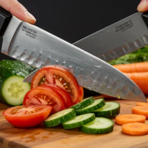 A chef’s knife slicing through a tomato with ease, highlighting proper cutting technique.