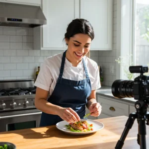 A smiling cook serving a homemade dish, proud of their creation.
