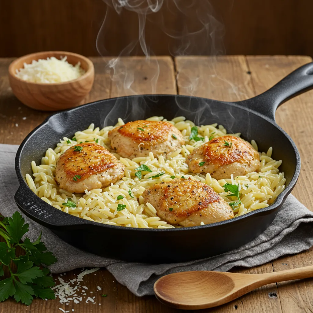 Creamy Chicken Risoni in a skillet, garnished with Parmesan and fresh herbs. A delicious one-pan meal ready to serve.