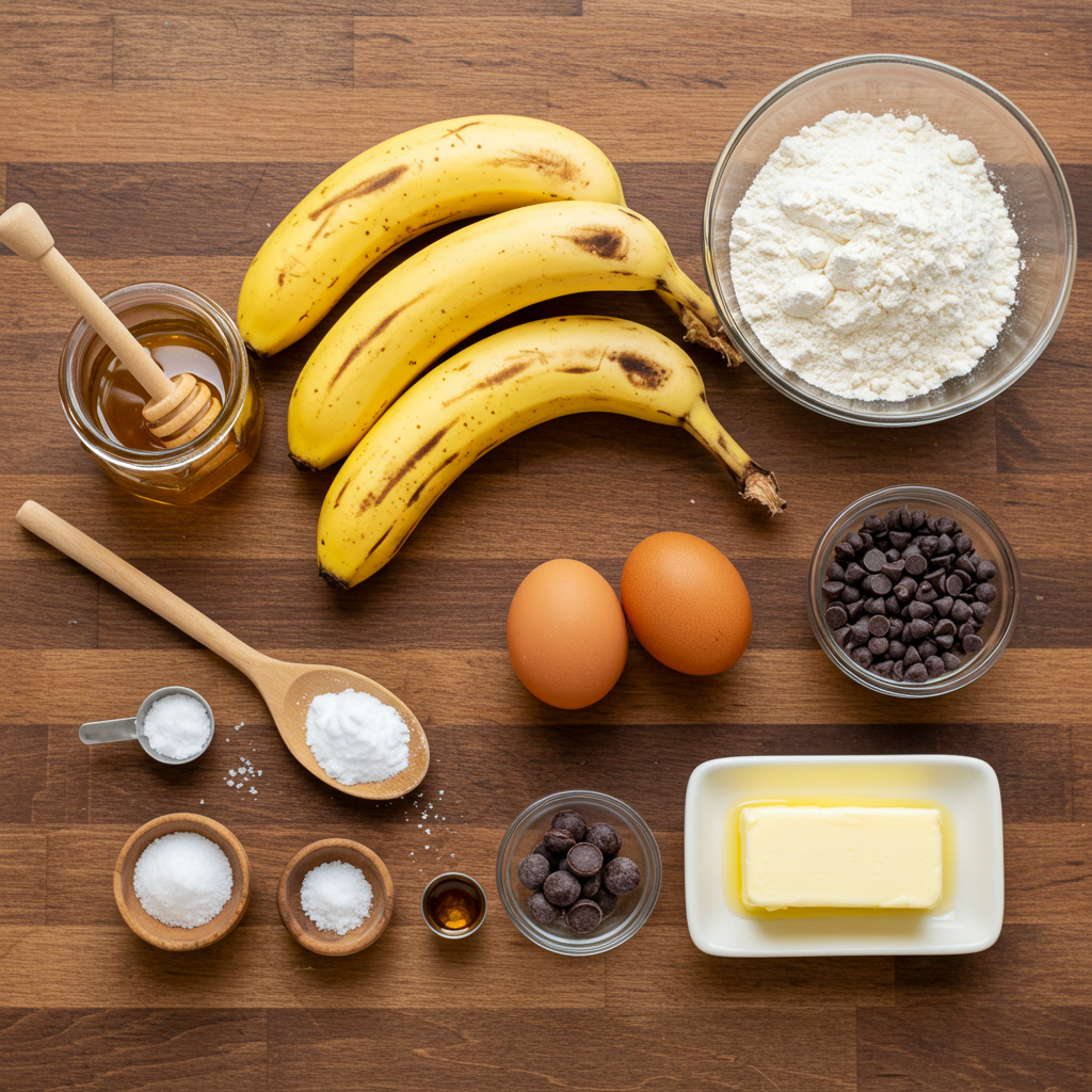 Fresh ingredients for a honey banana bread recipe, including ripe bananas, honey, flour, eggs, butter, and vanilla extract, arranged on a wooden countertop.
