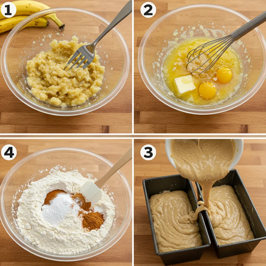 Step-by-step process of making honey banana bread, showing mashed bananas, mixed batter, and a loaf pan ready for baking.