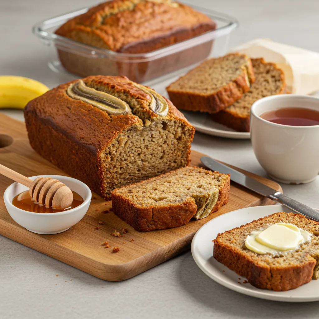 Freshly baked honey banana bread, sliced for serving with honey, and stored in an airtight container for freshness.