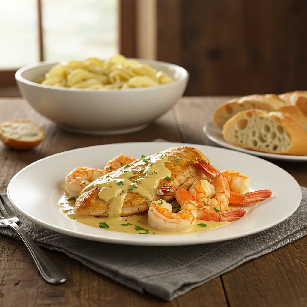 A plated chicken and shrimp dish with creamy sauce, garnished with fresh parsley.