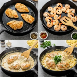 Cooking process of a chicken and shrimp recipe, showing seared chicken, shrimp, creamy sauce, and final dish in a cast-iron skillet.